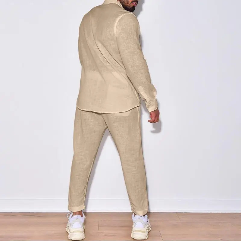 Men’s Casual Linen Outfit – Long Sleeve Shirt and Pants Set