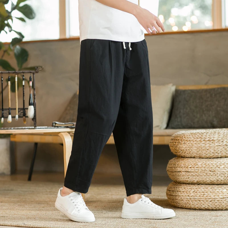 Men’s Cotton Linen Casual Pants – Breathable Solid Color Loose Fit Shorts & Straight Drawstring Trousers | Summer Streetwear 2025