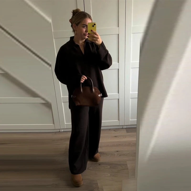 Brown V-Neck Knit Shirt and Pants