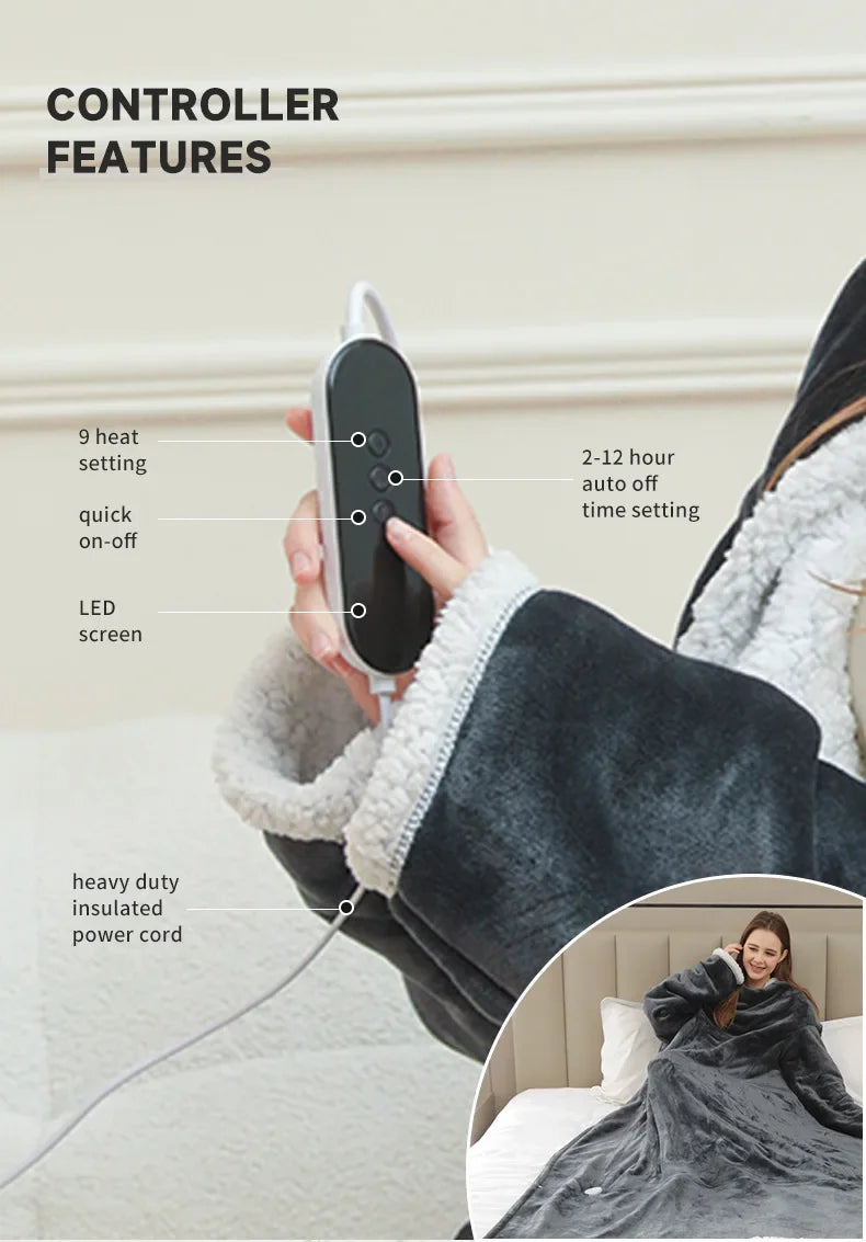 Wearable Heated Blanket with Sleeves – 8-Heat Levels, Flannel, 127x177CM