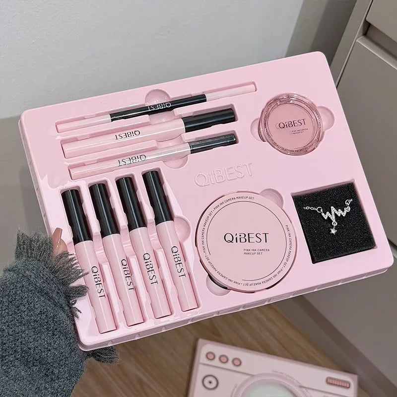 QIBEST 9PC Cosmetics Kit – Lip Mud, Pressed Powder, Blush, Eyeliner, Mascara & Eyebrow Pencil