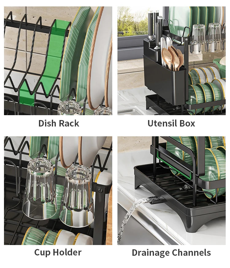 2-Tier Dish Drying Rack with Cutlery Holder, Cup Hooks & Draining Tray