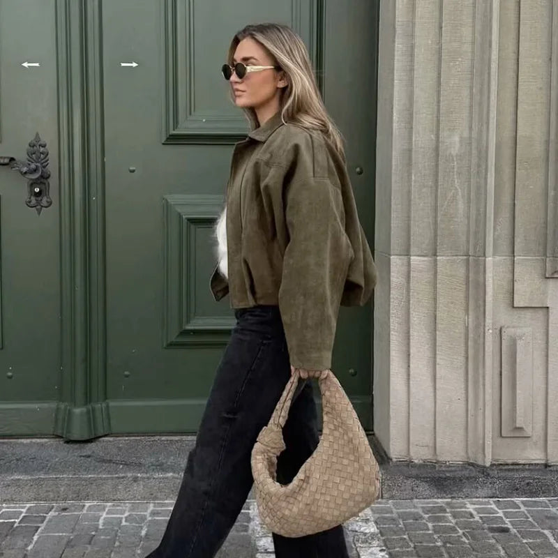 Women’s Bomber Jacket – Vintage Fashion Turn-Down Collar Loose Fit Coat | Long Sleeve Casual Outerwear Chic Streetwear Tops