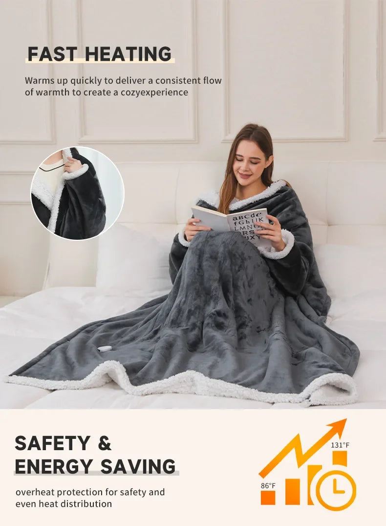 Wearable Heated Blanket with Sleeves – 8-Heat Levels, Flannel, 127x177CM