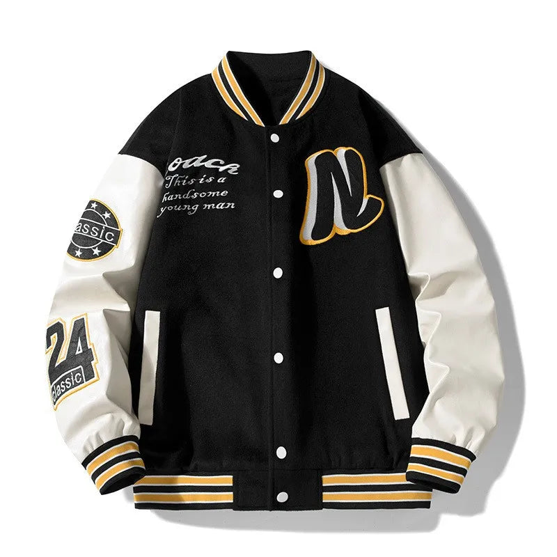 Men’s Embroidered Baseball Jacket – American Retro Brown Varsity Jacket | Fashion Autumn School Uniform Couple Jacket