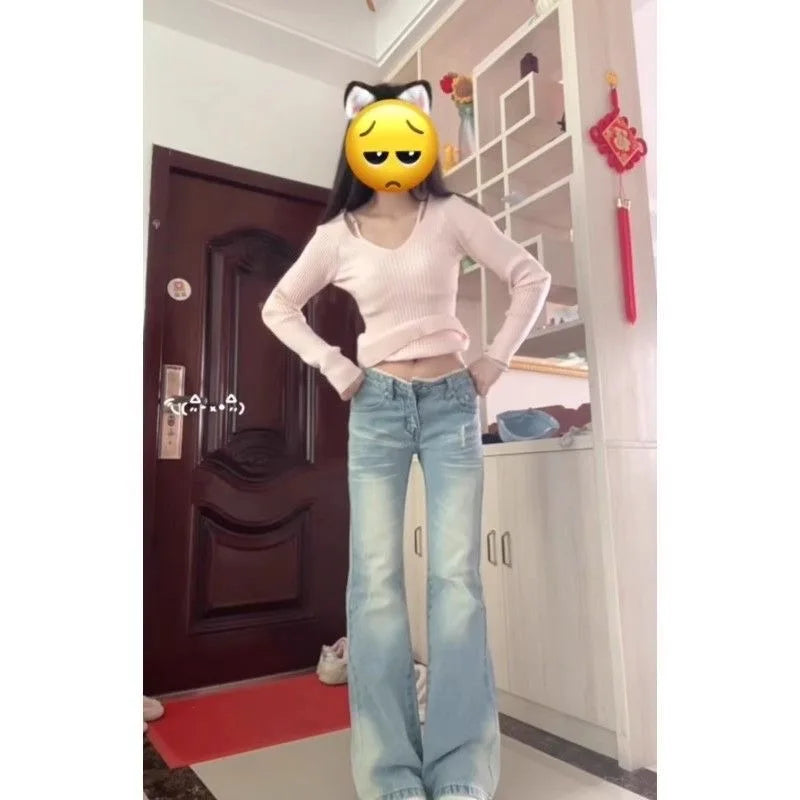 Women’s Retro Lace Trim Flared Straight Leg Jeans