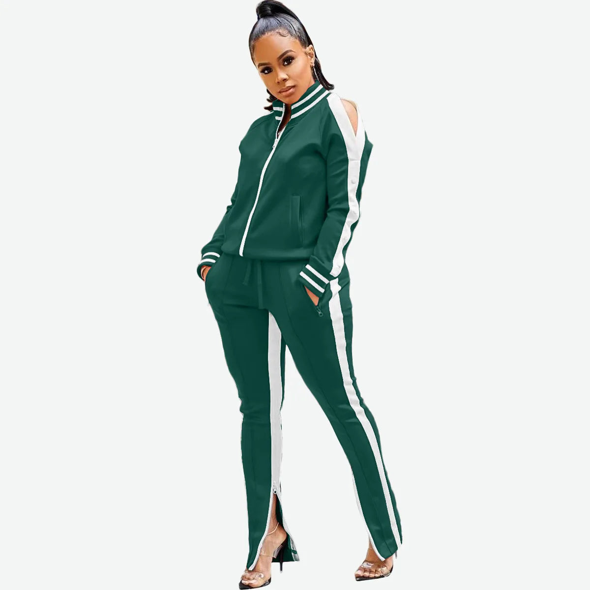 Women’s Two Piece Sports Casual Set – Patchwork Zipper Jacket and Pants