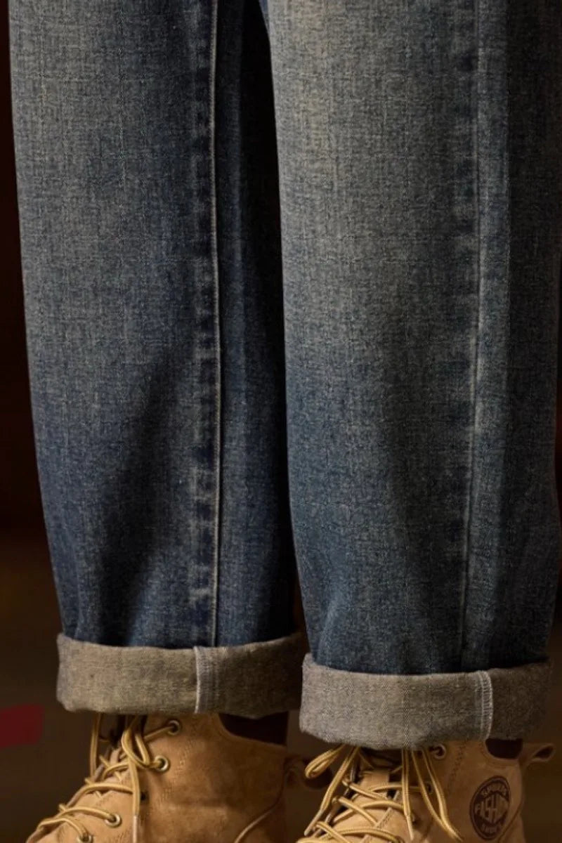 Men’s Elastic Waist Relaxed Fit Jeans – Blue Denim with Zipper and Button