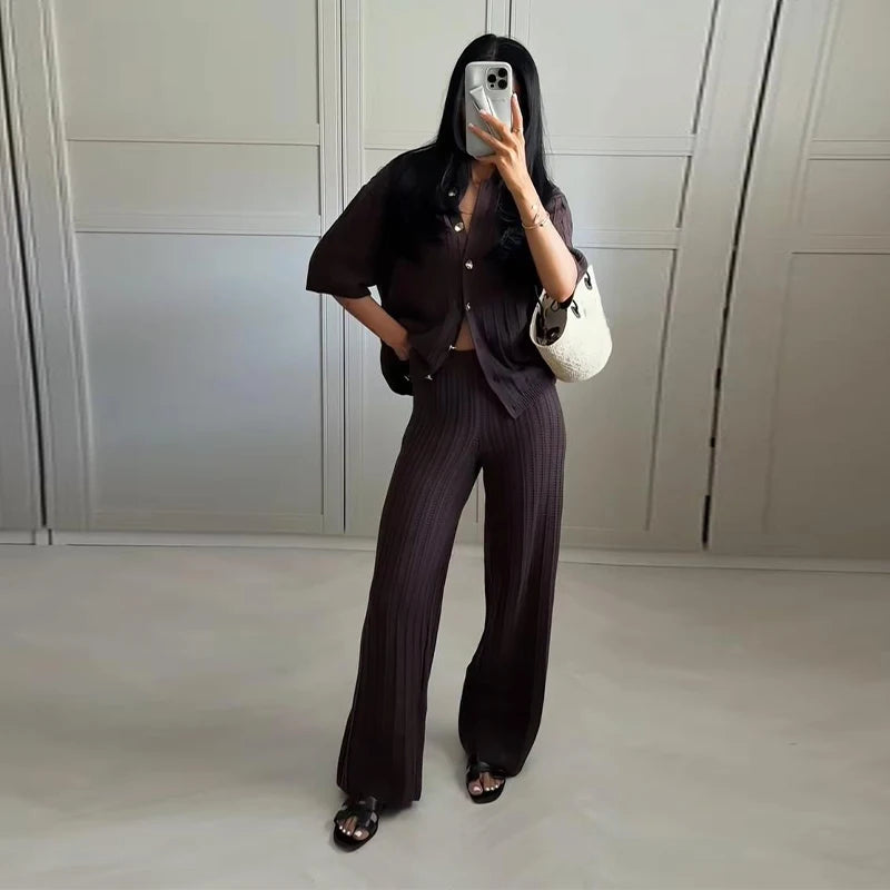 Brown V-Neck Knit Shirt and Pants