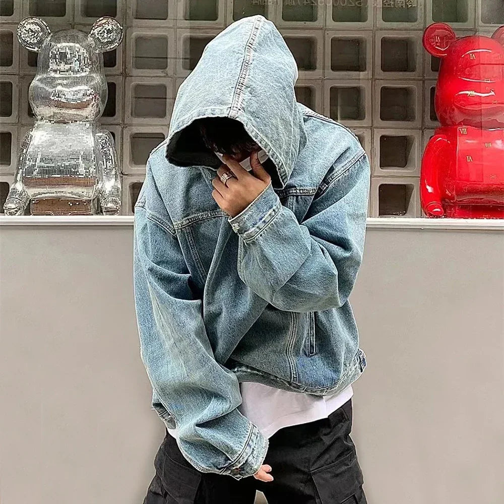 Unisex Distressed Denim Hoodie – Retro Washed Streetwear Sweatshirt