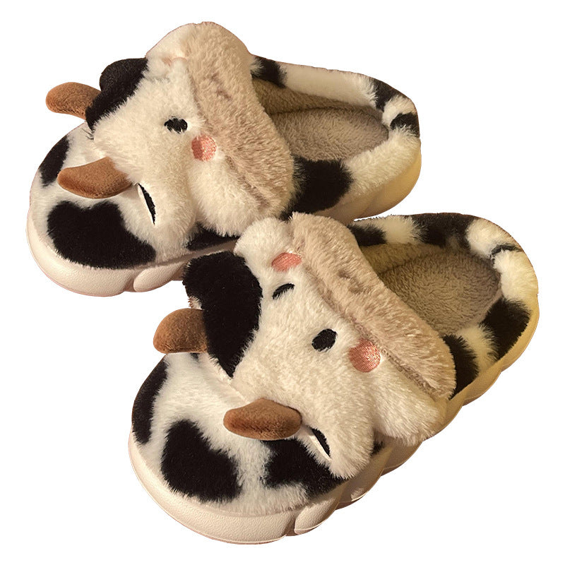 Cute Cow Animal Slippers for Women & Girls – Kawaii Soft Fluffy Winter Warm Cartoon Milk Cow House Slippers