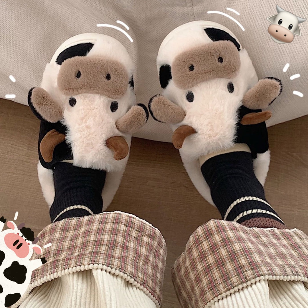 Cute Cow Animal Slippers for Women & Girls – Kawaii Soft Fluffy Winter Warm Cartoon Milk Cow House Slippers