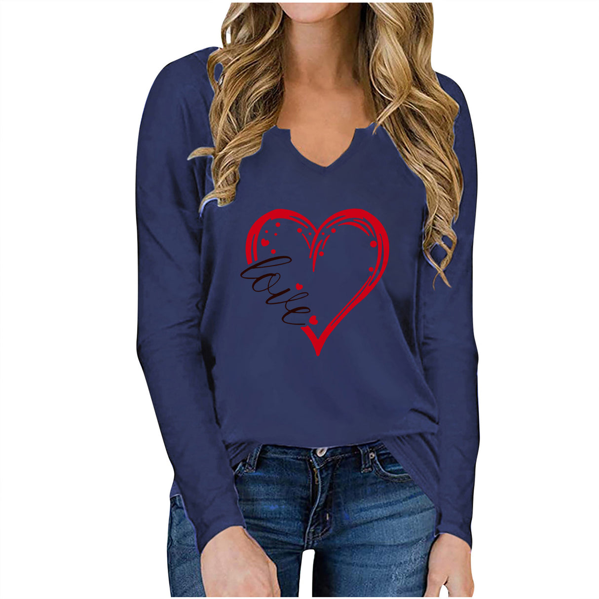 V-Neck Valentine’s Day Printed T-Shirt – Long Sleeve Loose Fit Top | Casual Romantic Women’s Shirt