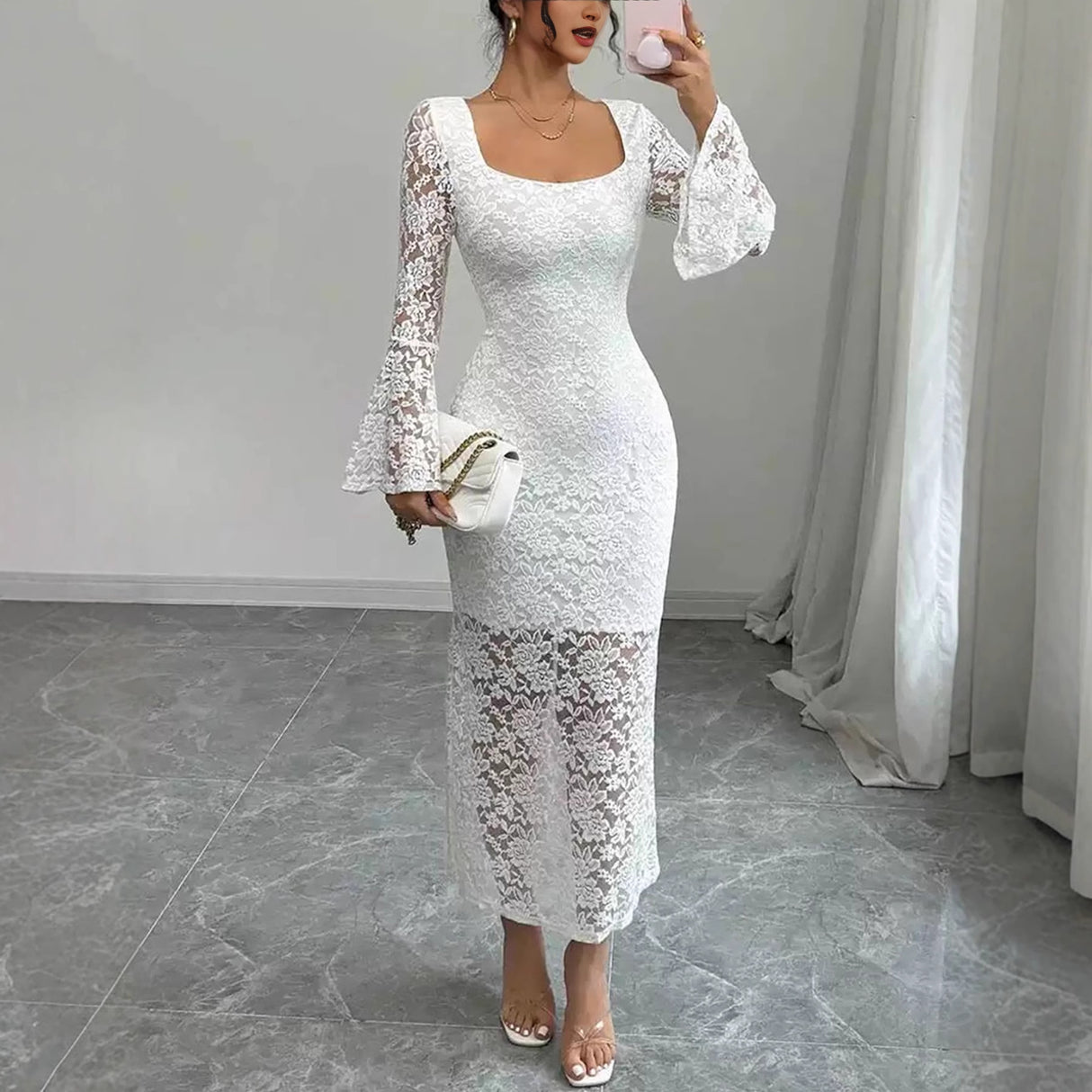 Lace Patchwork Square-Neck Bodycon Dress – Flared Sleeve Elegant Women’s Dress | Chic Fashion Evening & Party Wear