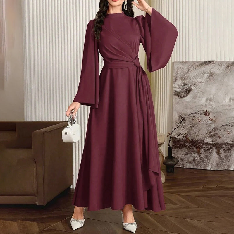 Women’s Middle Eastern Flare Sleeve Maxi Dress – High Neck Twist Waist A-Line Gown | Elegant Modest Evening Dress