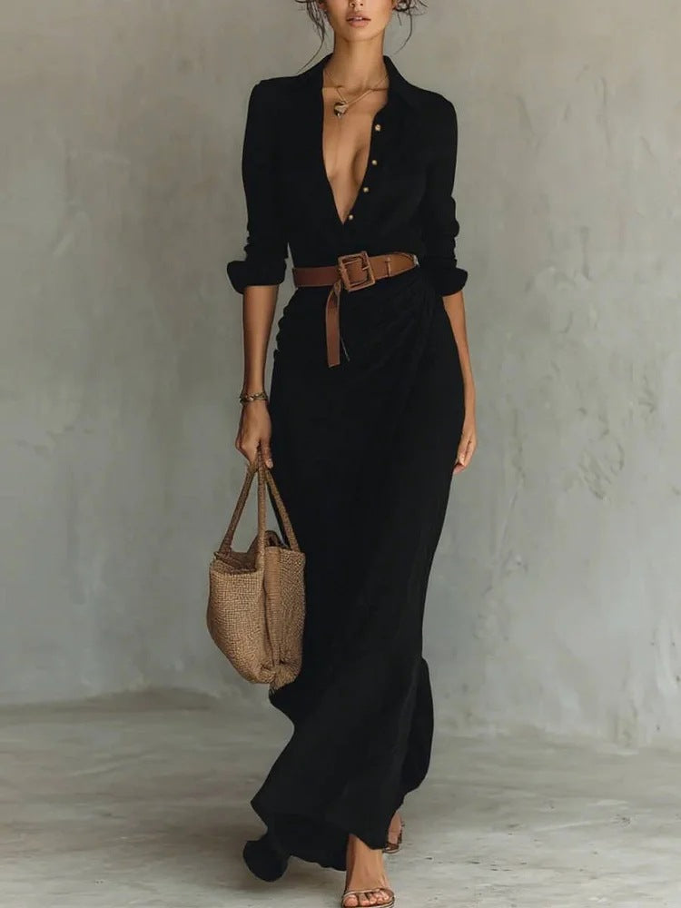 Irregular Long Shirt Dress with Belt – Elegant Button Lapel Long Sleeve Dress | Office & Daily Commuting Women’s Fashion