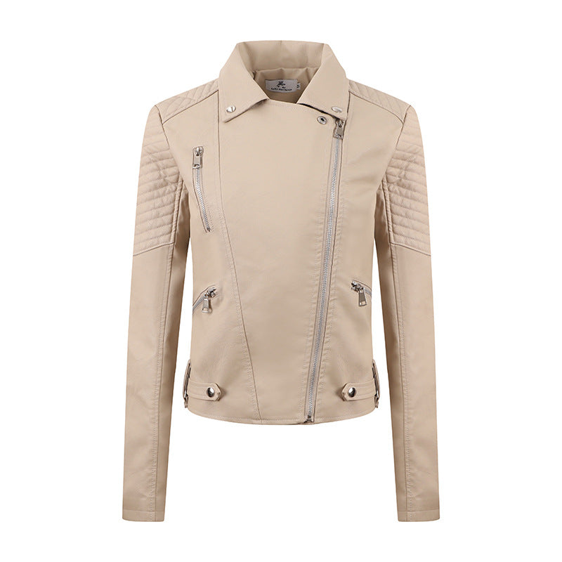 Women’s PU Leather Motorcycle Jacket – Short Slim-Fit Washed Leather Biker Coat with Oblique Zipper