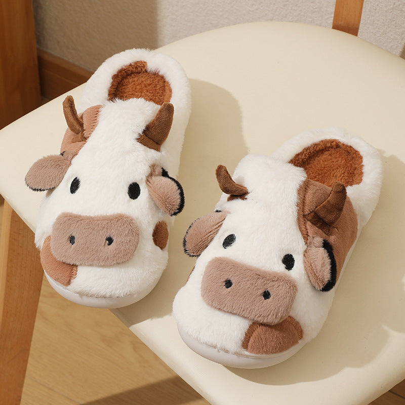 Cute Cow Animal Slippers for Women & Girls – Kawaii Soft Fluffy Winter Warm Cartoon Milk Cow House Slippers
