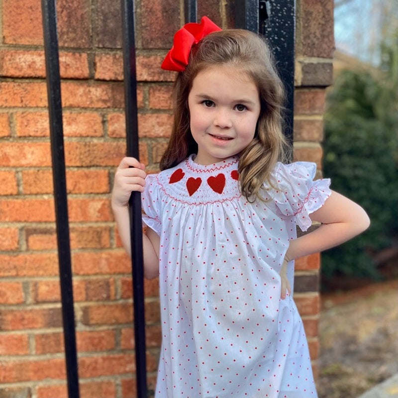 Baby Girl Valentine’s Day Dress – Red Heart Embroidered Smocked Princess Party Dress with Headband | Short Sleeve Outfit