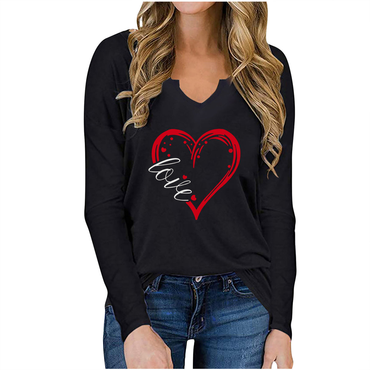 V-Neck Valentine’s Day Printed T-Shirt – Long Sleeve Loose Fit Top | Casual Romantic Women’s Shirt