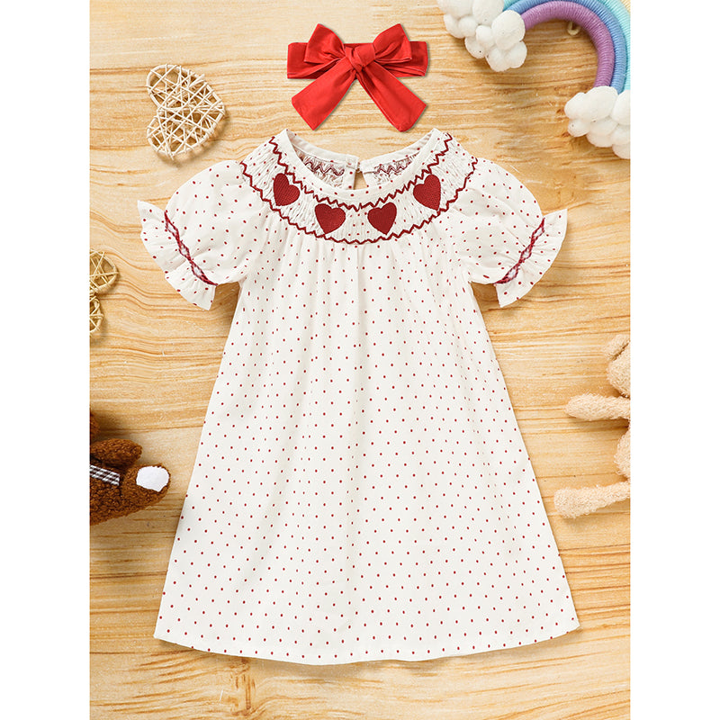 Baby Girl Valentine’s Day Dress – Red Heart Embroidered Smocked Princess Party Dress with Headband | Short Sleeve Outfit
