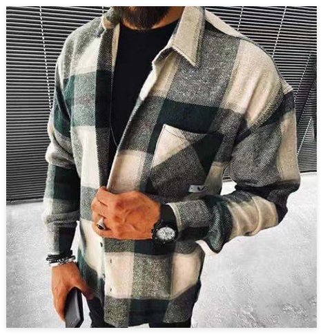 Men’s Printed Plaid Woolen Shirt – Warm Long‑Sleeve Casual Button‑Up Flannel‑Style Outerwear
