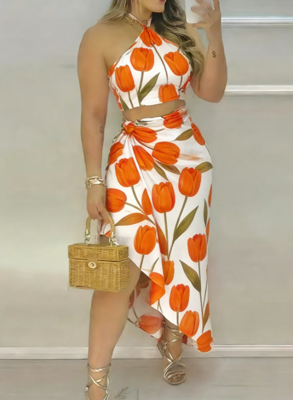 Tropical Resort Style Halter Neck Cropped Asymmetrical Skirt Suit For Women