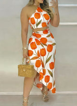 Tropical Resort Style Halter Neck Cropped Asymmetrical Skirt Suit For Women