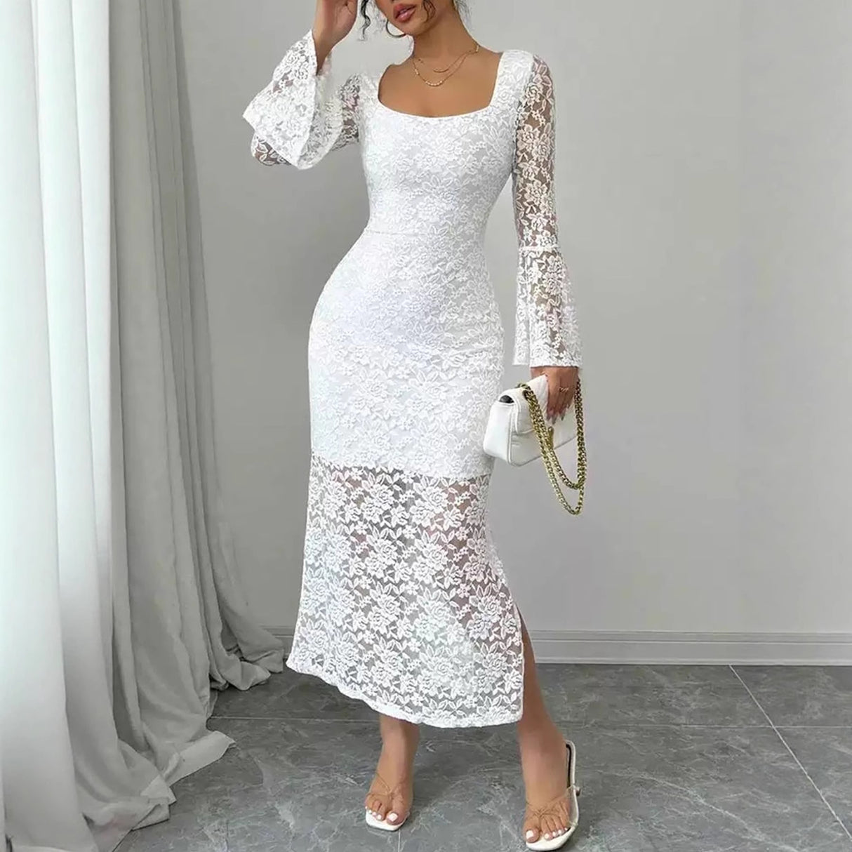 Lace Patchwork Square-Neck Bodycon Dress – Flared Sleeve Elegant Women’s Dress | Chic Fashion Evening & Party Wear