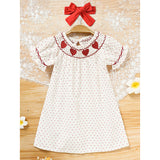 Baby Girl Valentine’s Day Dress – Red Heart Embroidered Smocked Princess Party Dress with Headband | Short Sleeve Outfit
