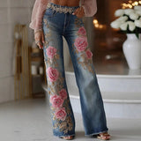 Women’s Retro Printed Faux Denim Jeans – High-Waist Stretch Fashion Pants