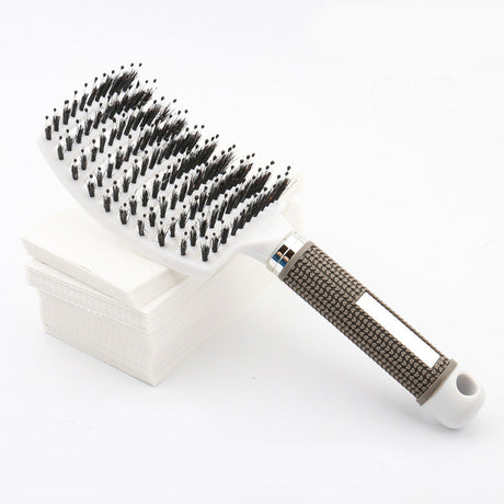 Large Curved Boar Bristle Hair Brush – Massage Comb for Curly & Wavy Hair | Anti-Frizz Detangling & Styling Hairbrush