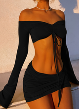 Drawstring Drop Ruched Off Shoulder Two-piece Skirt Set Y2K Long Sleeve Top & Bodycon Skirt Outfits Women's Clothing