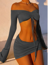 Drawstring Drop Ruched Off Shoulder Two-piece Skirt Set Y2K Long Sleeve Top & Bodycon Skirt Outfits Women's Clothing