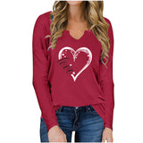 V-Neck Valentine’s Day Printed T-Shirt – Long Sleeve Loose Fit Top | Casual Romantic Women’s Shirt