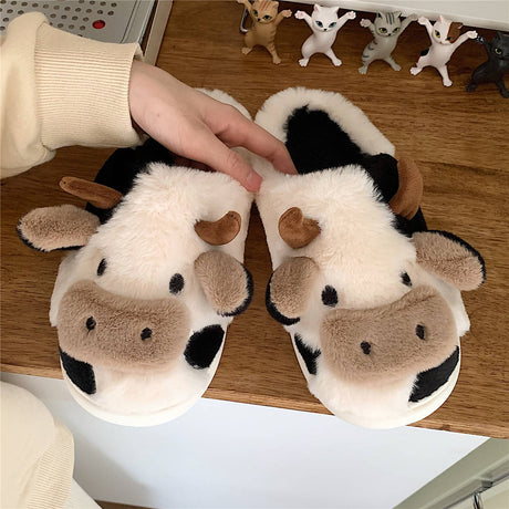 Cute Cow Animal Slippers for Women & Girls – Kawaii Soft Fluffy Winter Warm Cartoon Milk Cow House Slippers