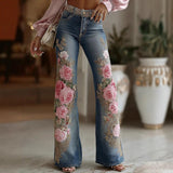 Women’s Retro Printed Faux Denim Jeans – High-Waist Stretch Fashion Pants