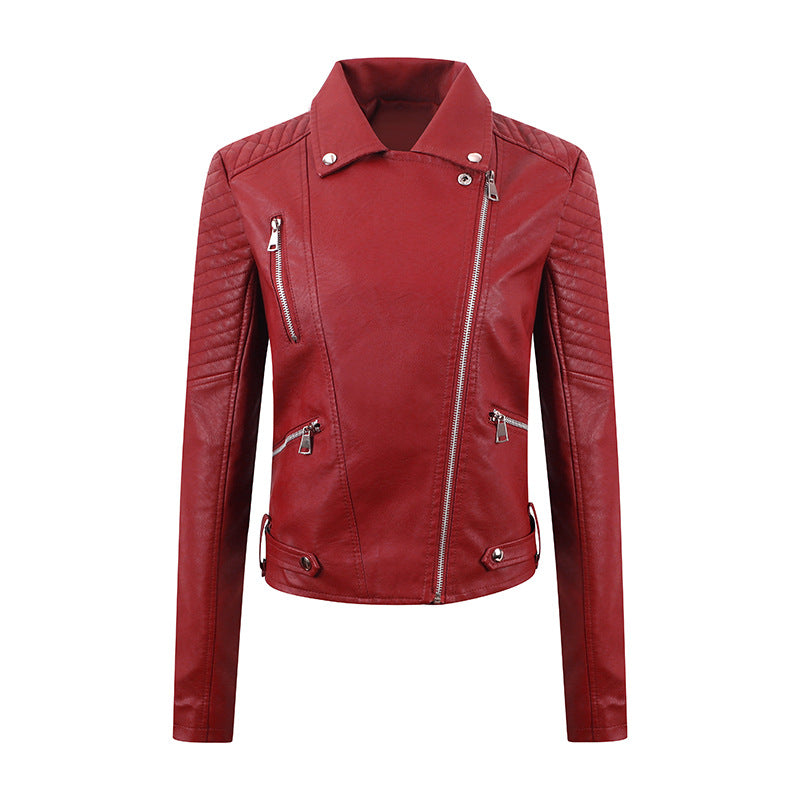 Women’s PU Leather Motorcycle Jacket – Short Slim-Fit Washed Leather Biker Coat with Oblique Zipper