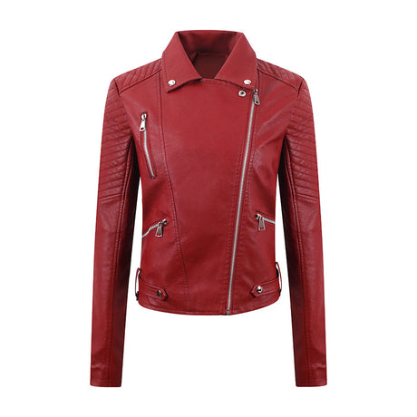 Women’s PU Leather Motorcycle Jacket – Short Slim-Fit Washed Leather Biker Coat with Oblique Zipper