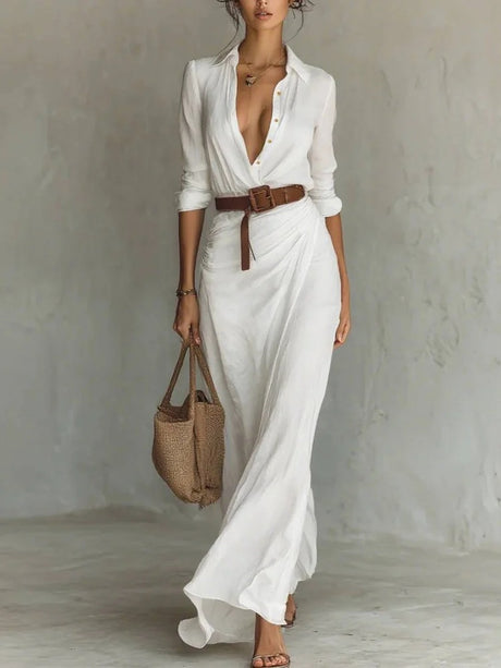Irregular Long Shirt Dress with Belt – Elegant Button Lapel Long Sleeve Dress | Office & Daily Commuting Women’s Fashion