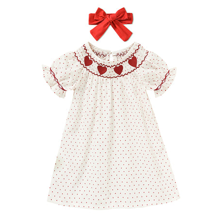 Baby Girl Valentine’s Day Dress – Red Heart Embroidered Smocked Princess Party Dress with Headband | Short Sleeve Outfit