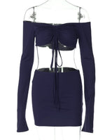 Drawstring Drop Ruched Off Shoulder Two-piece Skirt Set Y2K Long Sleeve Top & Bodycon Skirt Outfits Women's Clothing