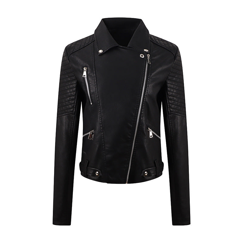Women’s PU Leather Motorcycle Jacket – Short Slim-Fit Washed Leather Biker Coat with Oblique Zipper