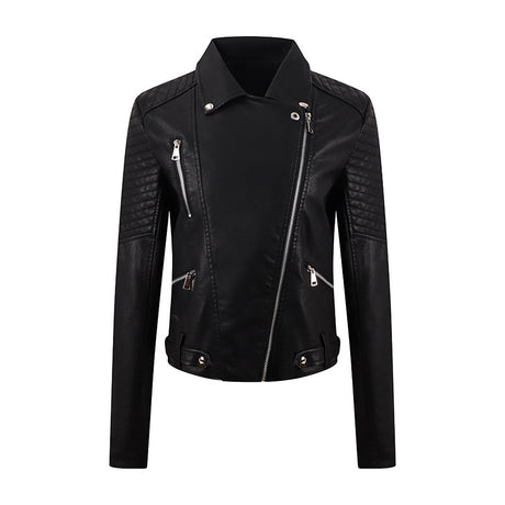 Women’s PU Leather Motorcycle Jacket – Short Slim-Fit Washed Leather Biker Coat with Oblique Zipper