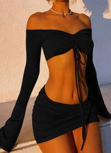 Drawstring Drop Ruched Off Shoulder Two-piece Skirt Set Y2K Long Sleeve Top & Bodycon Skirt Outfits Women's Clothing