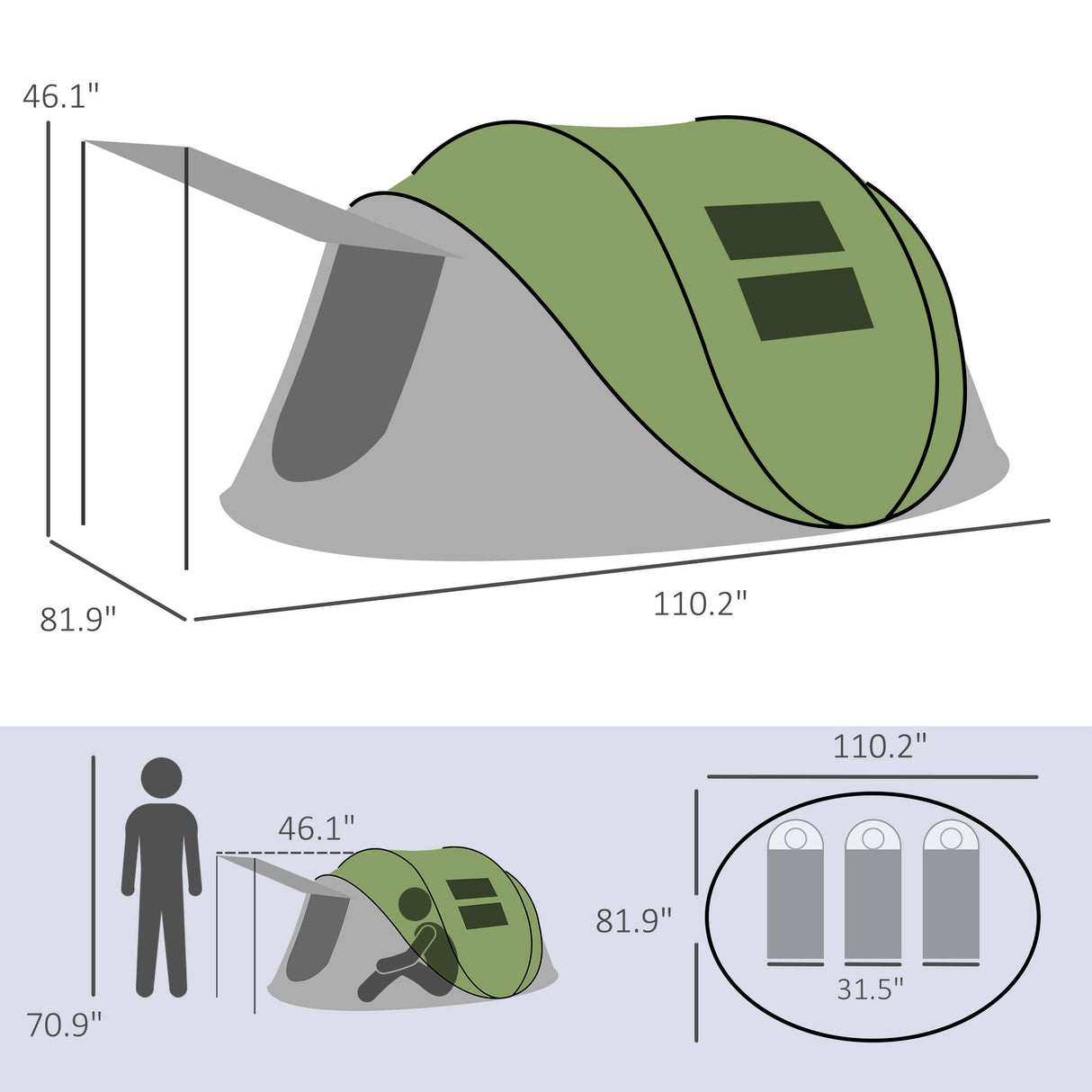 Pop-Up Camping Tent with Porch & Carry Bag – 2–3 Person, 3000mm, Waterproof, Green