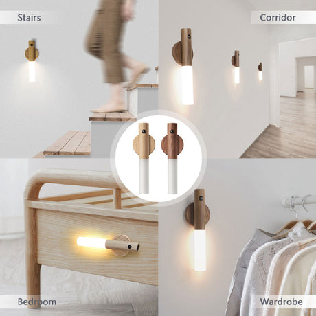 LED Motion Sensor Night Light – USB Rechargeable Magnetic Wood Wall Lamp | Wireless PIR Cabinet Light for Hallway, Closet & Porch