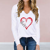 V-Neck Valentine’s Day Printed T-Shirt – Long Sleeve Loose Fit Top | Casual Romantic Women’s Shirt