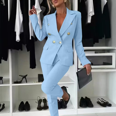 Women’s Casual Blazer Suit – Slim Lapel Double-Breasted Jacket & Zip-Up Trousers | Elegant Modern Two-Piece Outfit