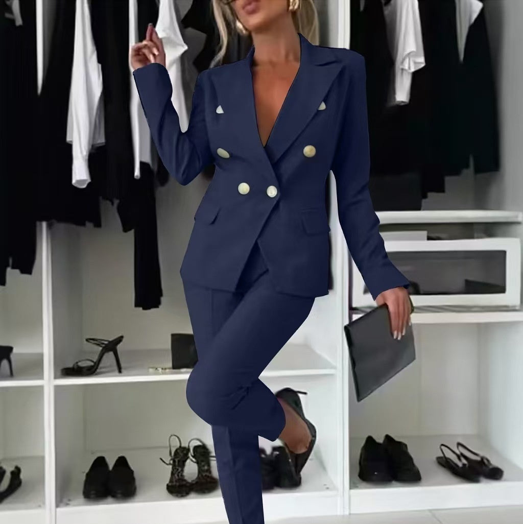 Women’s Casual Blazer Suit – Slim Lapel Double-Breasted Jacket & Zip-Up Trousers | Elegant Modern Two-Piece Outfit